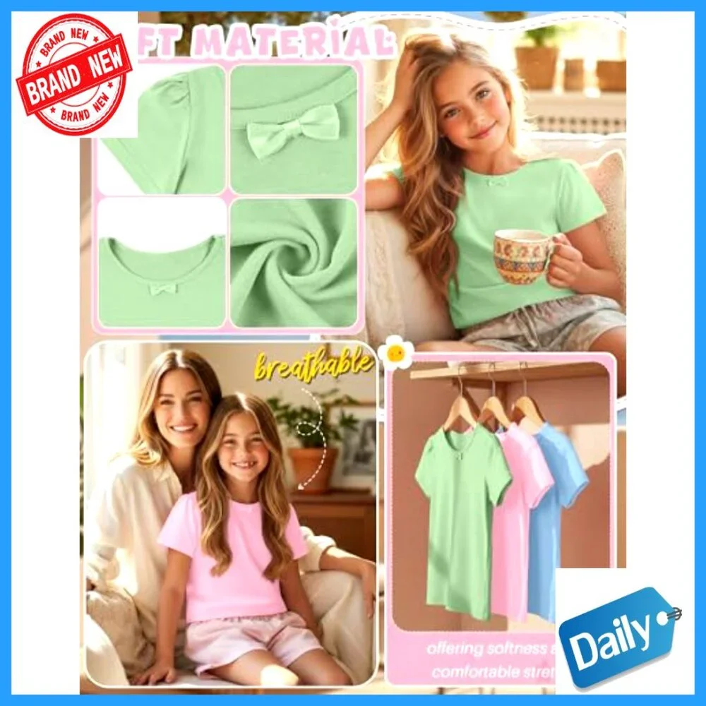 Girls 3 Pack Short Sleeve Tees with Bow Crewneck Soft Stretch Tops